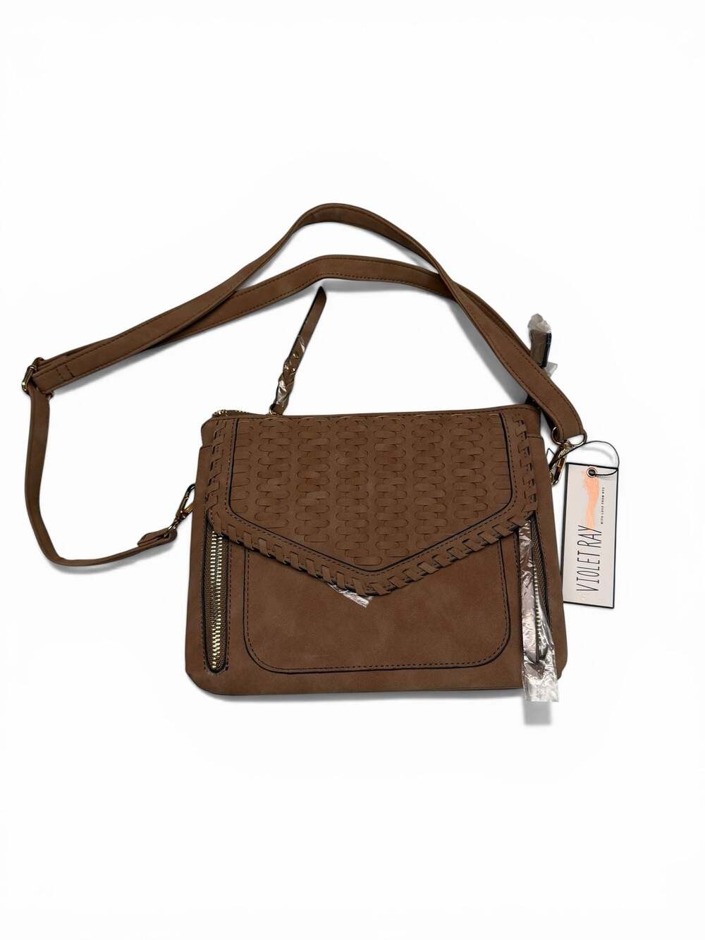 Violet Ray NYC Woven Flap Vegan‎ Leather Crossbody Bag in Cognac